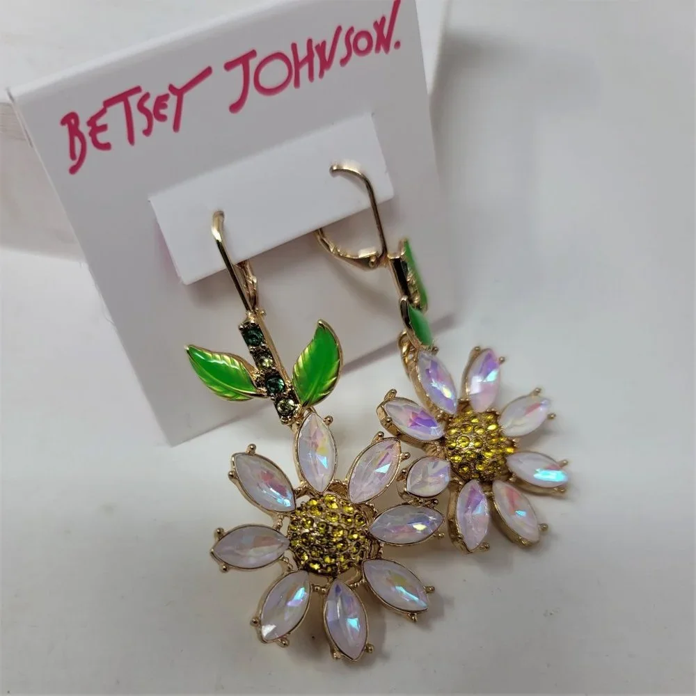 Betsey Johnson Rhinestone Flower Earrings Pierced Levier Backs - Picture 4 of 8